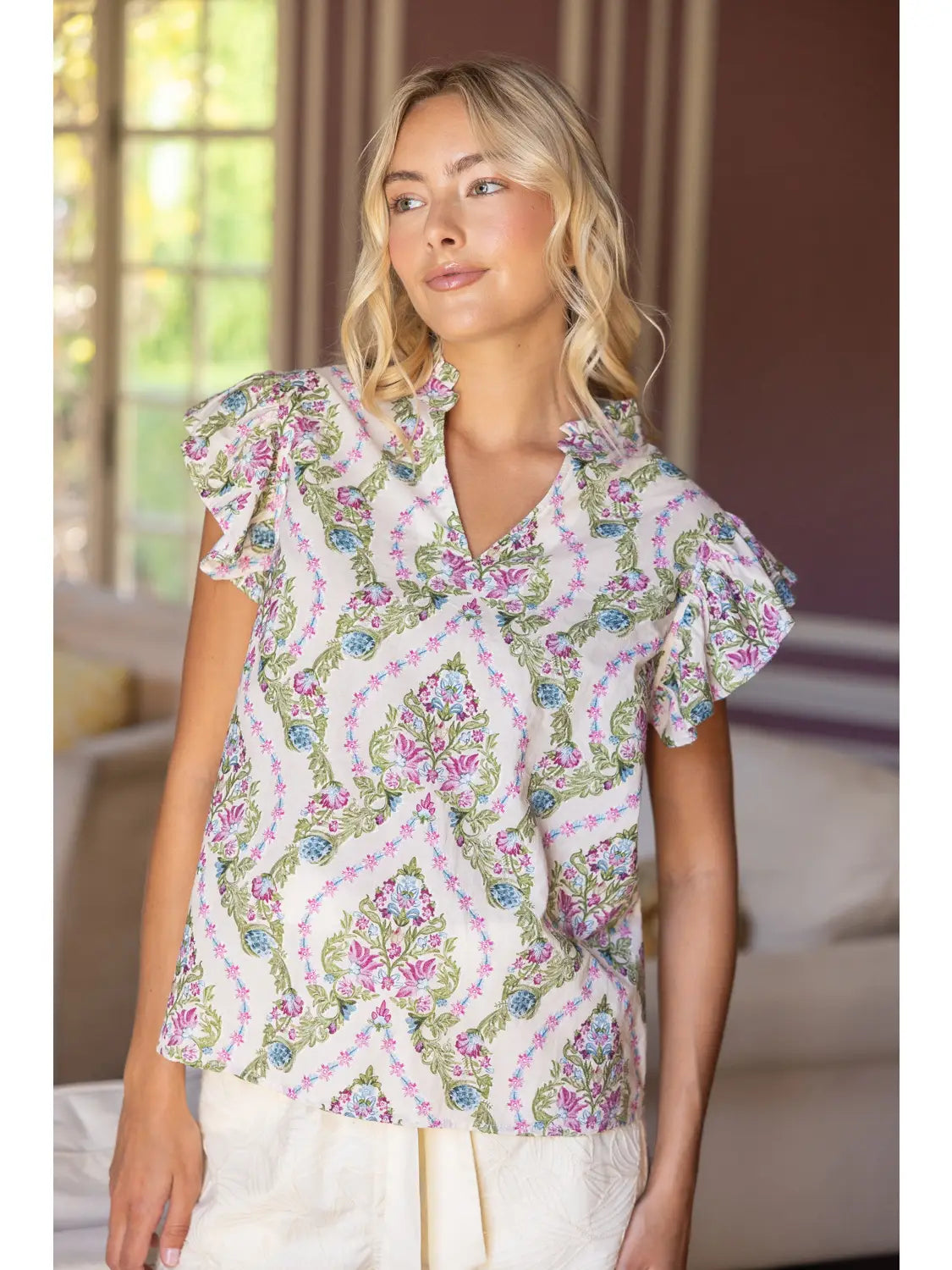 Ruffle Sleeve Embroidered Floral Print Top
