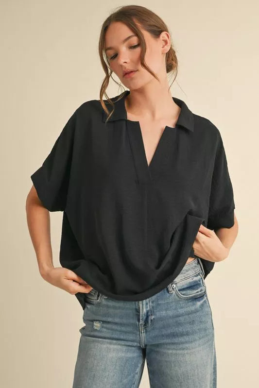 Dolman Sleeve V-Neck Top - Black