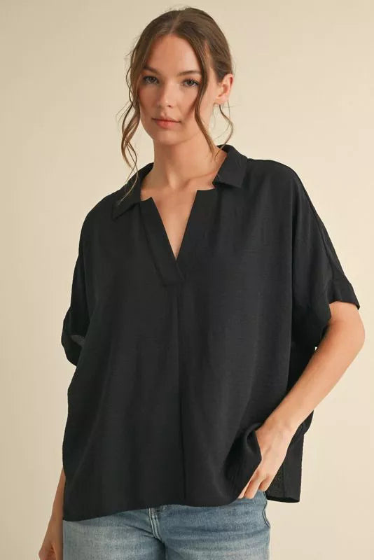 Dolman Sleeve V-Neck Top - Black