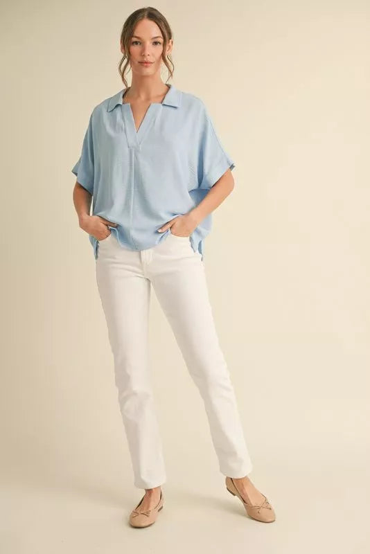 Dolman Sleeve V-Neck Top - Sky Blue