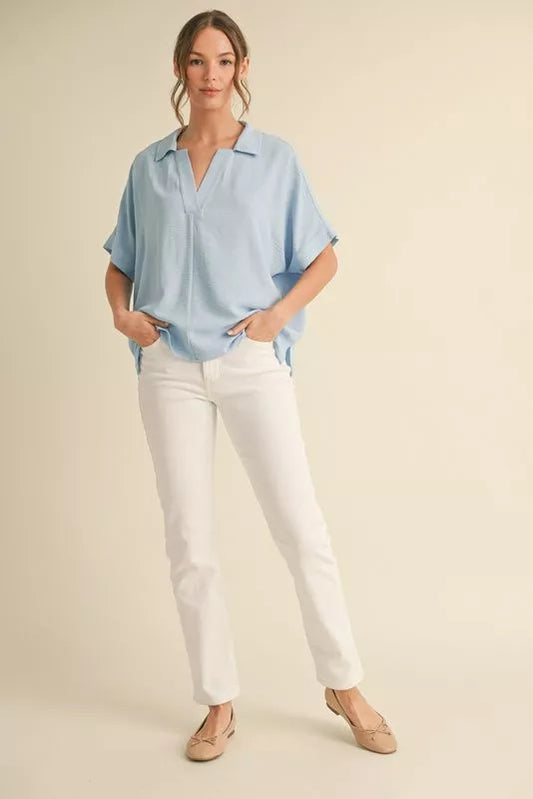 Dolman Sleeve V-Neck Top - Sky Blue