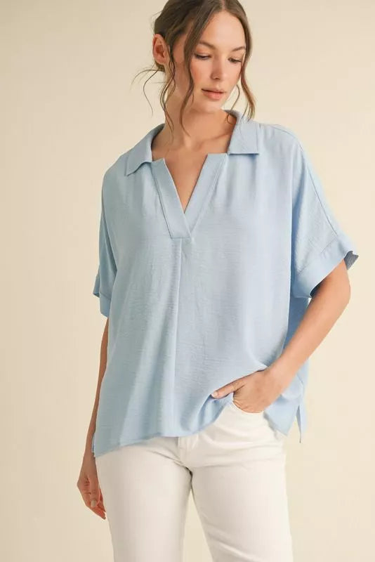 Dolman Sleeve V-Neck Top - Sky Blue