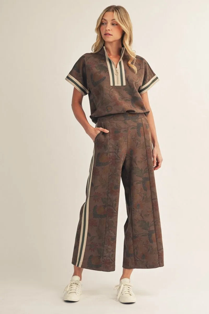 High Waist Wide Leg Floral Pant - Brown