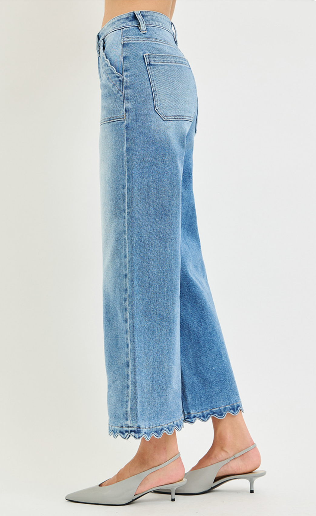 High Rise Crop Wide Leg Jeans With Scallop Patch Pockets