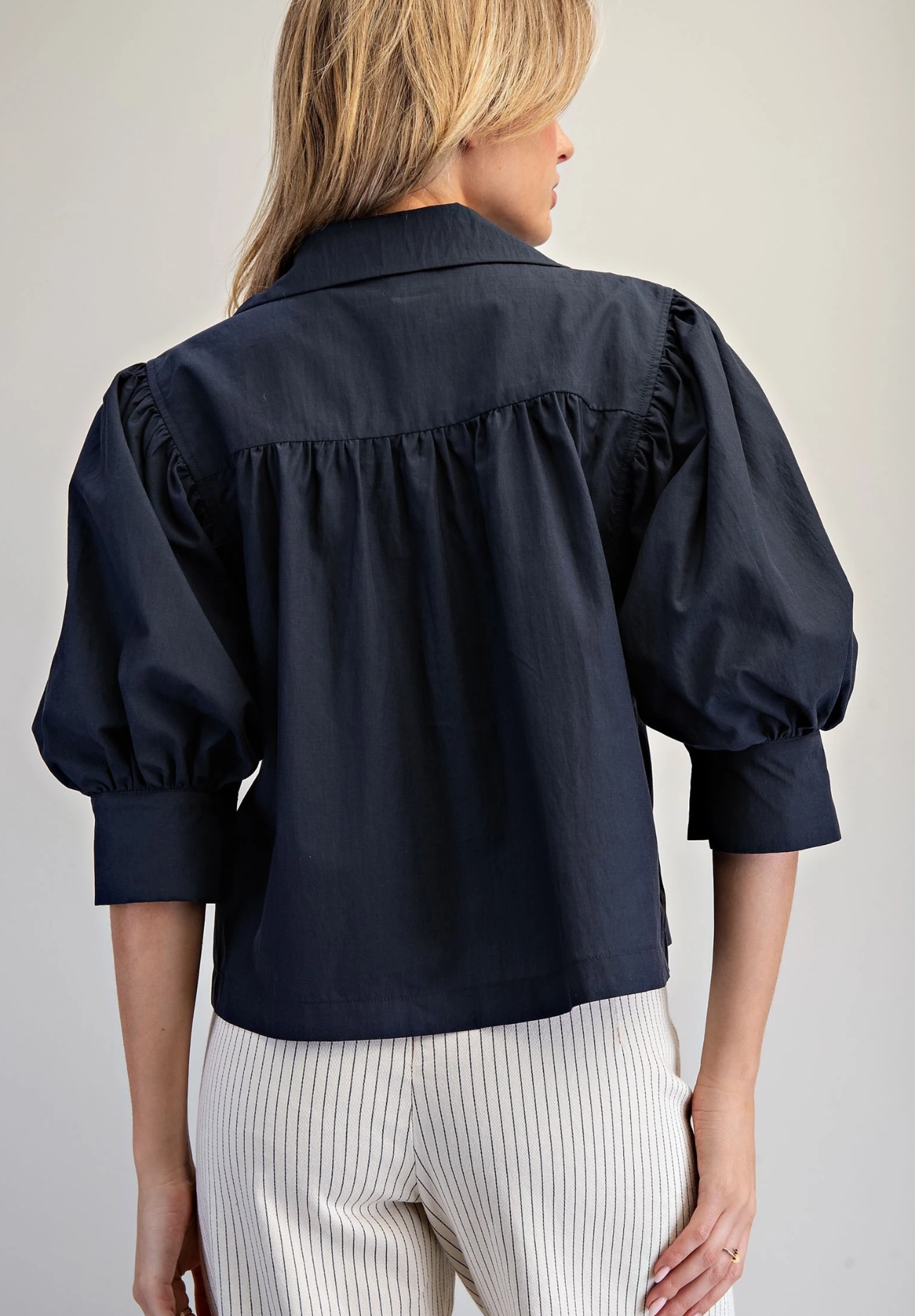 Solid Puff Sleeve Button Down Shirt