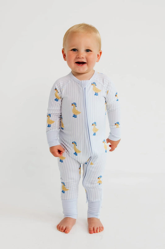 Blue Stripe Duck Zipper Romper