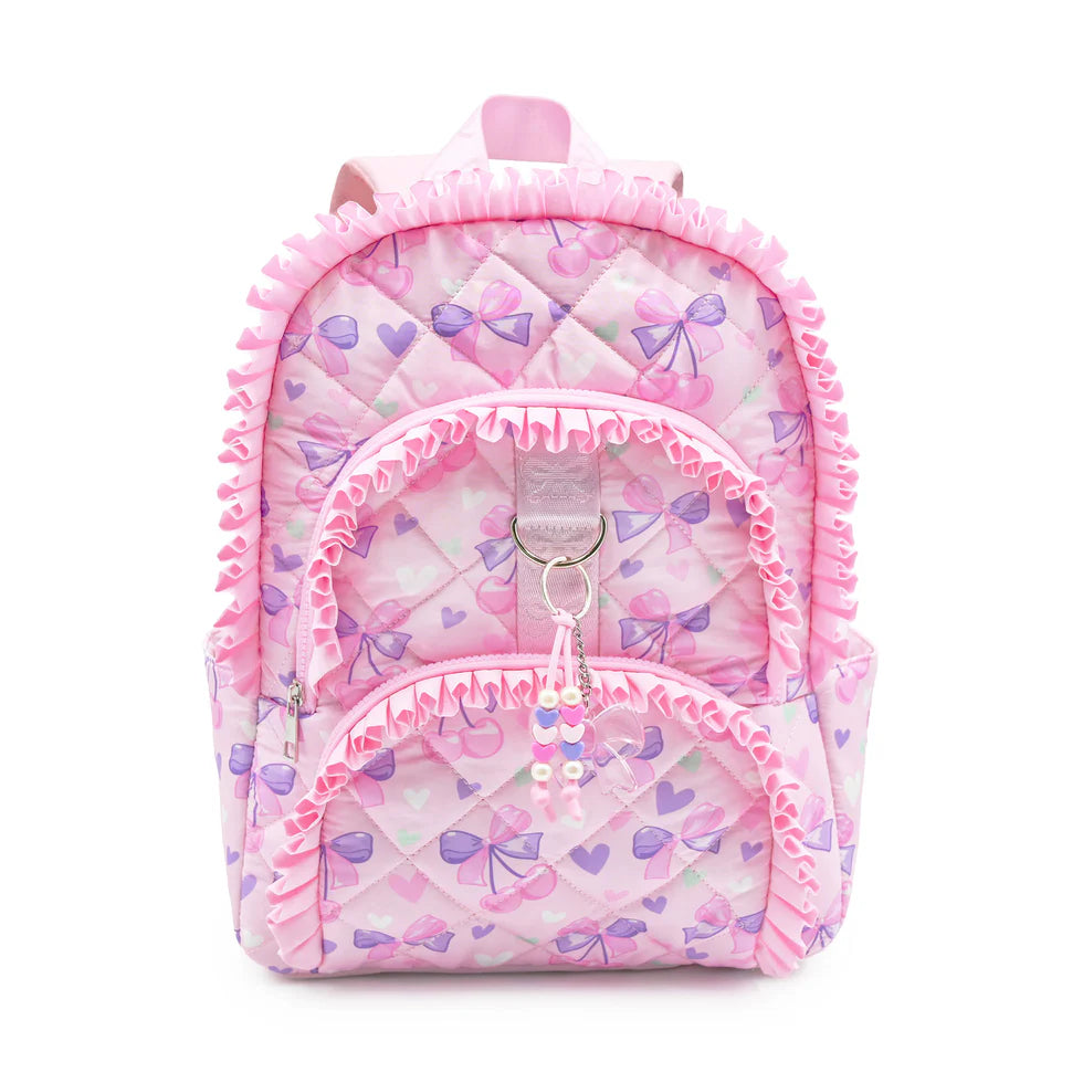 Cherry Bow Printed Ruffle Quilted Large Backpack
