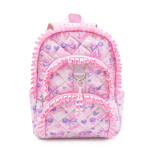 Cherry Bow Printed Ruffle Quilted Large Backpack