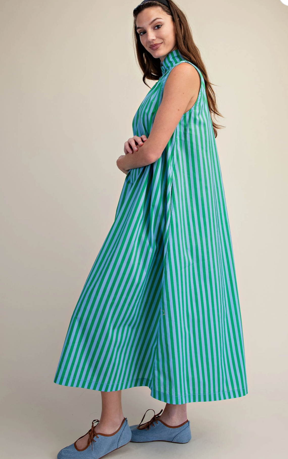 Green Collared Striped Midi Dress