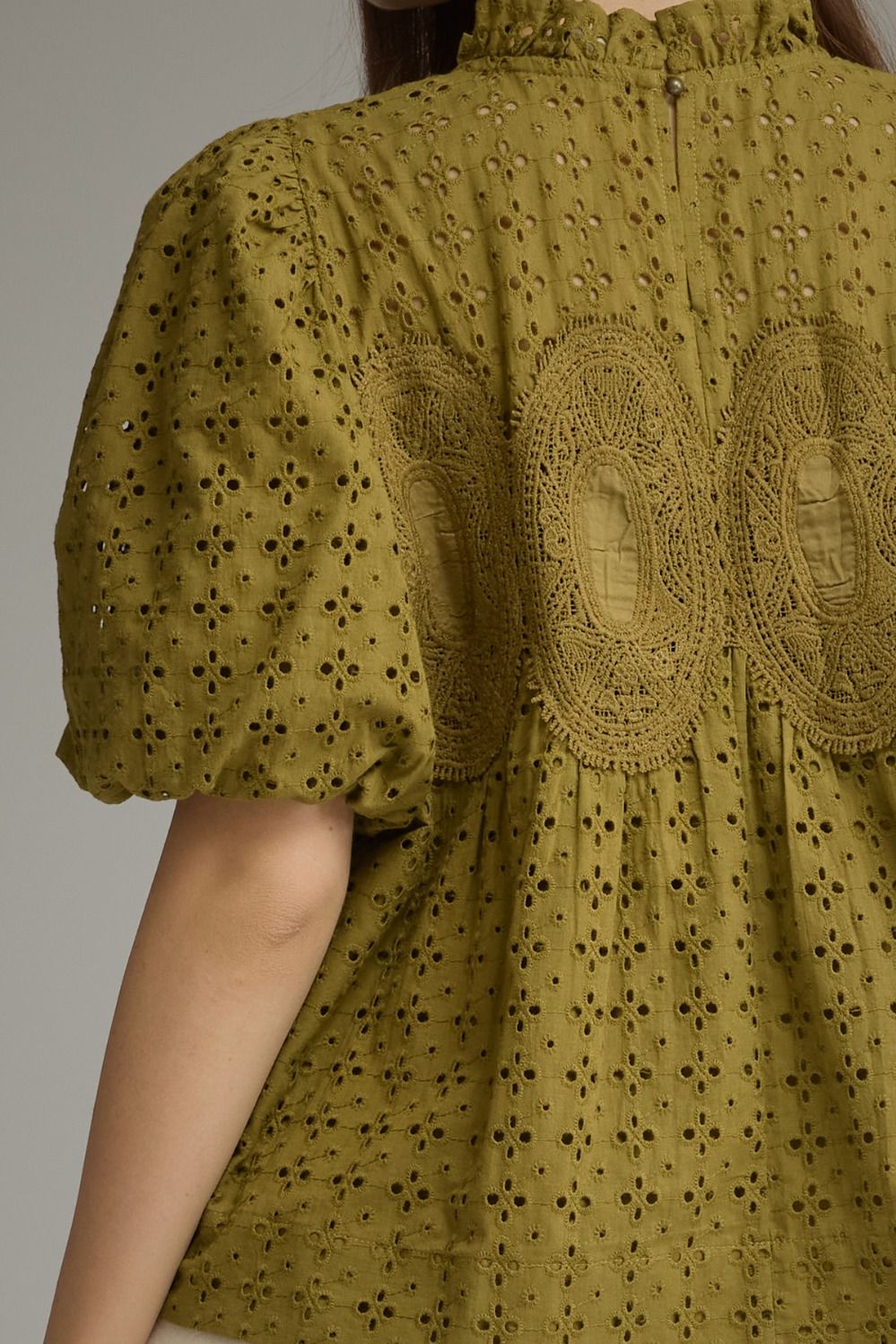 Eyelet Puff Sleeve Top - Olive