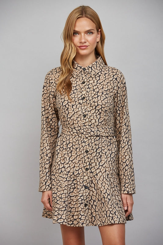 Animal Print Belted Shirt Dress