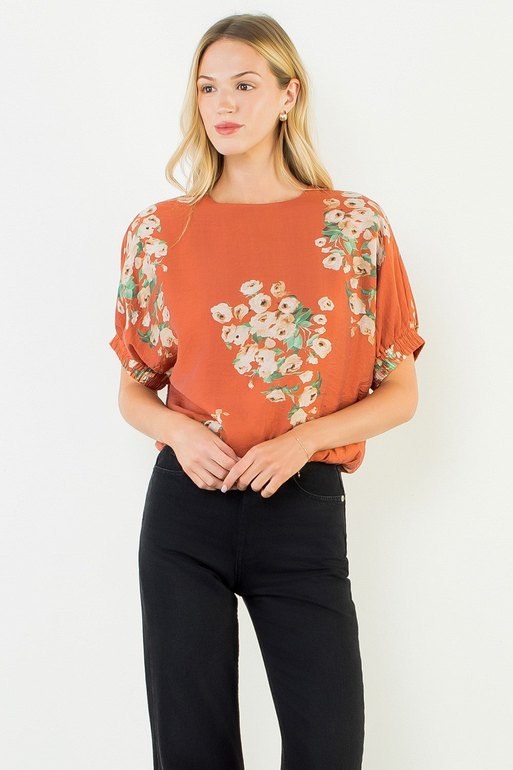 Short Sleeve Loose Floral Top - Rust