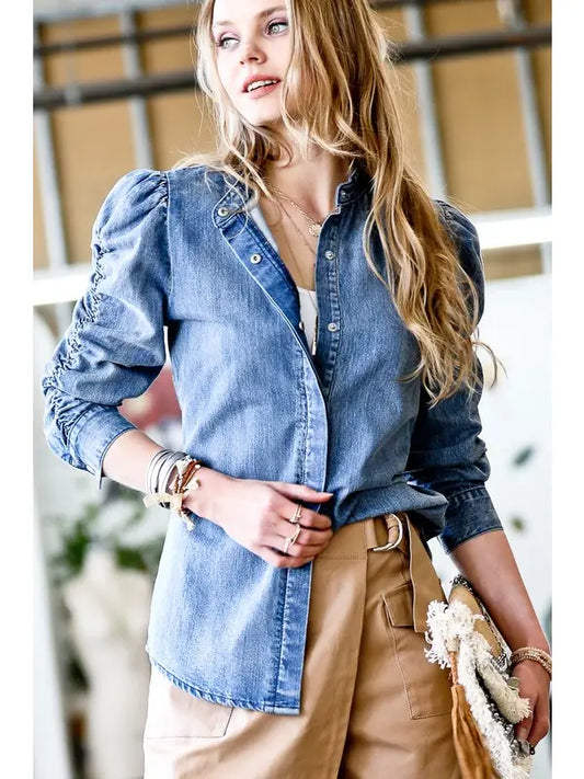 Shirring Detail Sleeve Top - Denim Blue