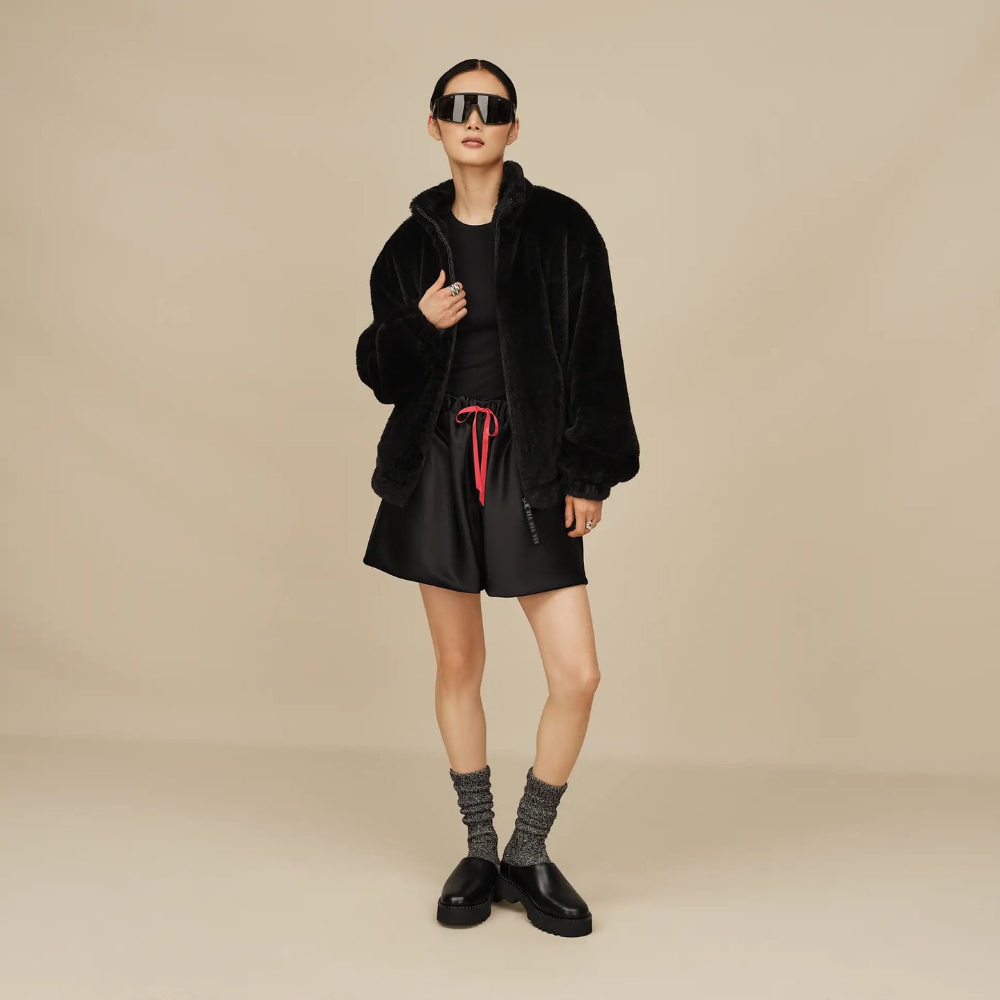 Rib Knit Slouchy Crew Sock - Grey/Black