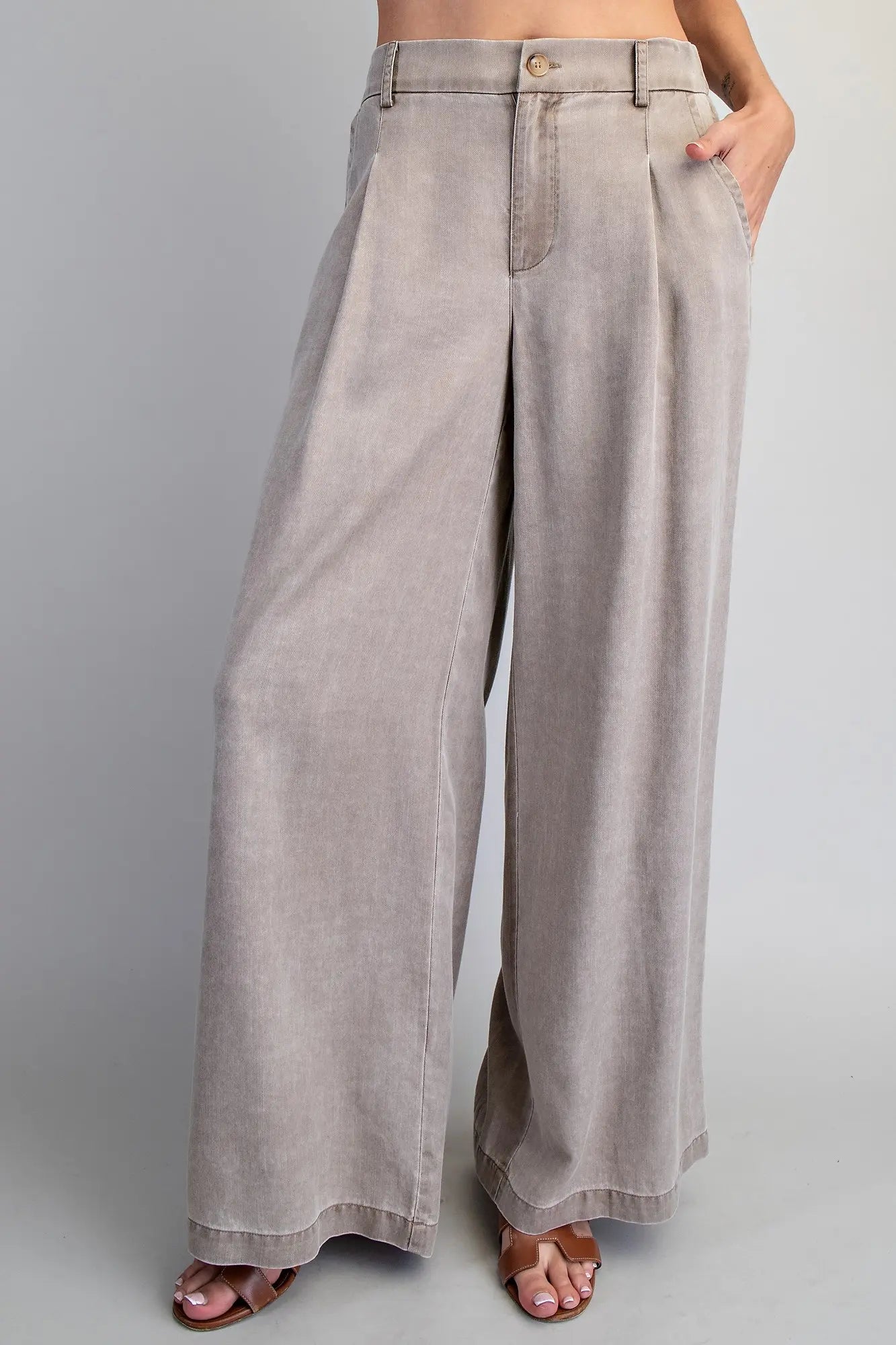 Zipper Front Wide Leg Pants - Hazelnut