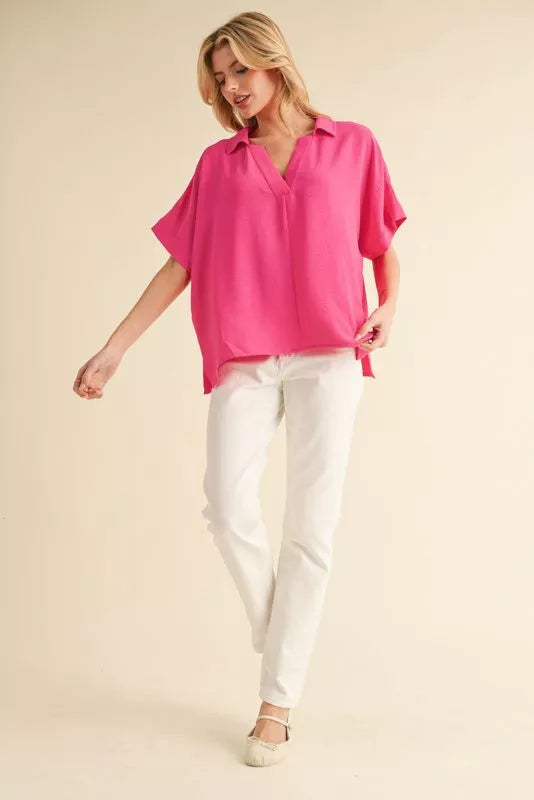 Dolman Sleeve V-Neck Top - Hot Pink