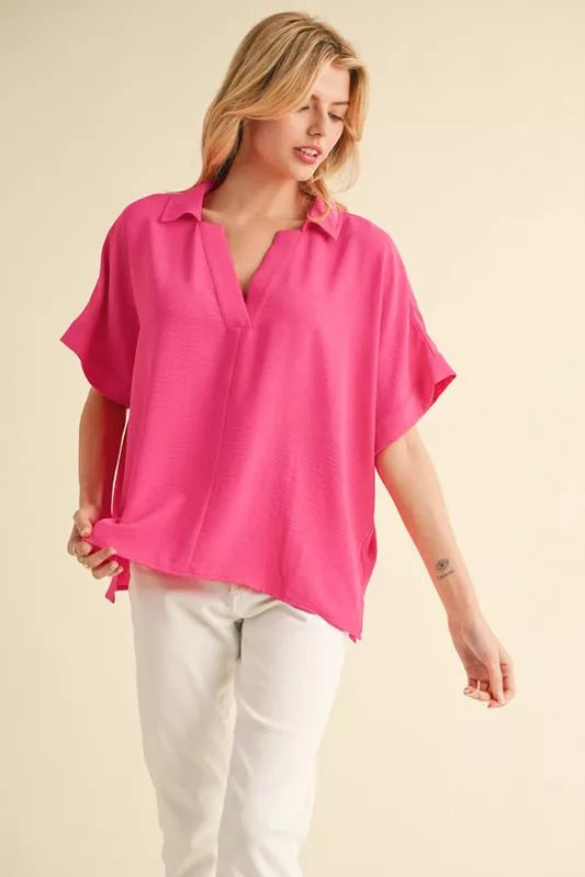 Dolman Sleeve V-Neck Top - Hot Pink