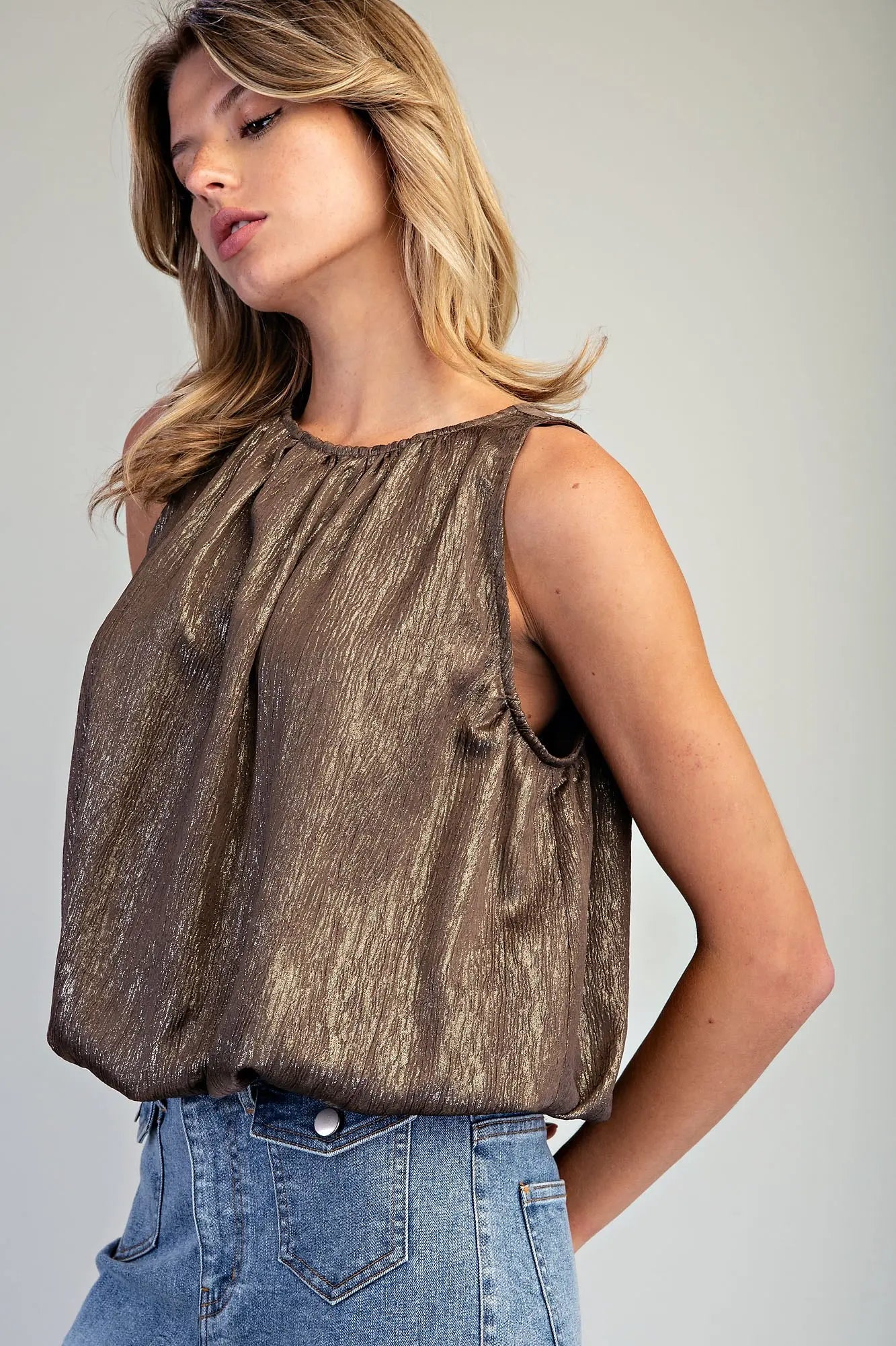 Gathered Shimmer Bubble Top - Cocoa Glint