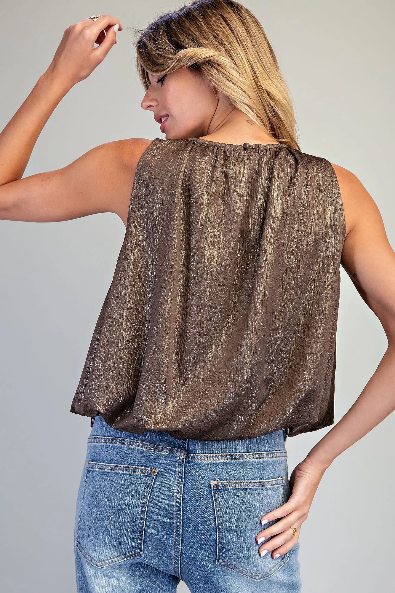Gathered Shimmer Bubble Top - Cocoa Glint