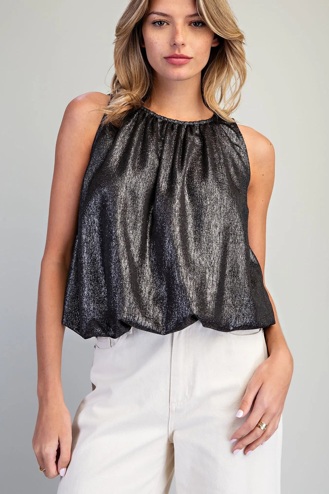 Gathered Shimmer Bubble Top - Graphite