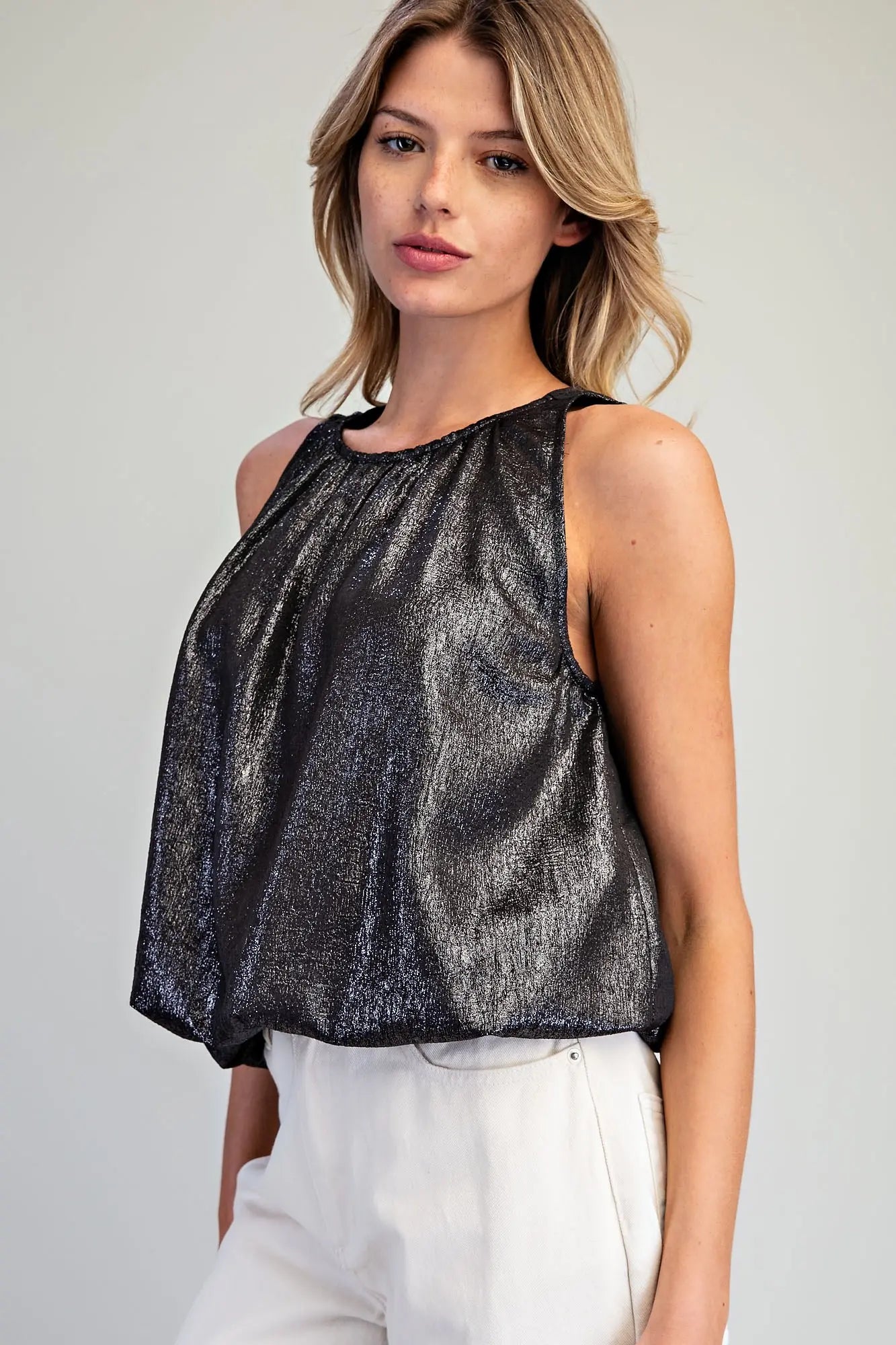 Gathered Shimmer Bubble Top - Graphite
