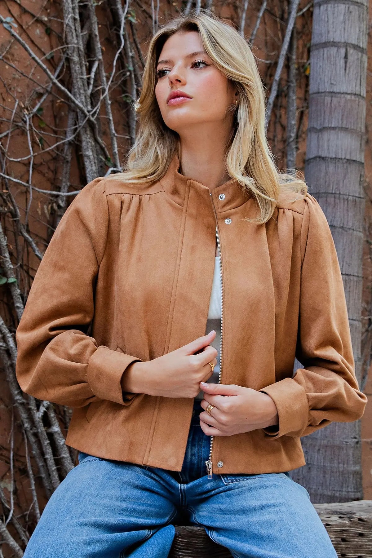 Suede Mock Neck Zip Up Jacket