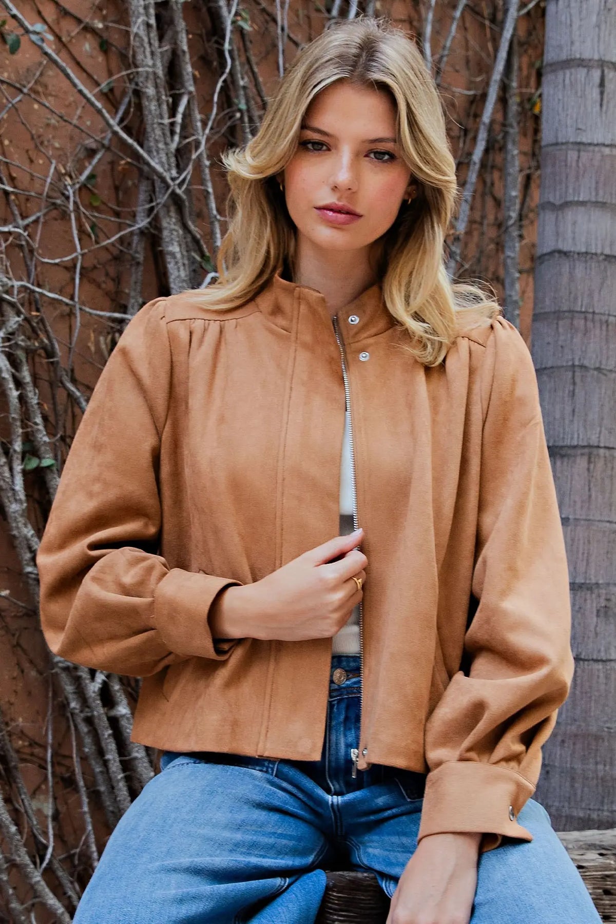 Suede Mock Neck Zip Up Jacket