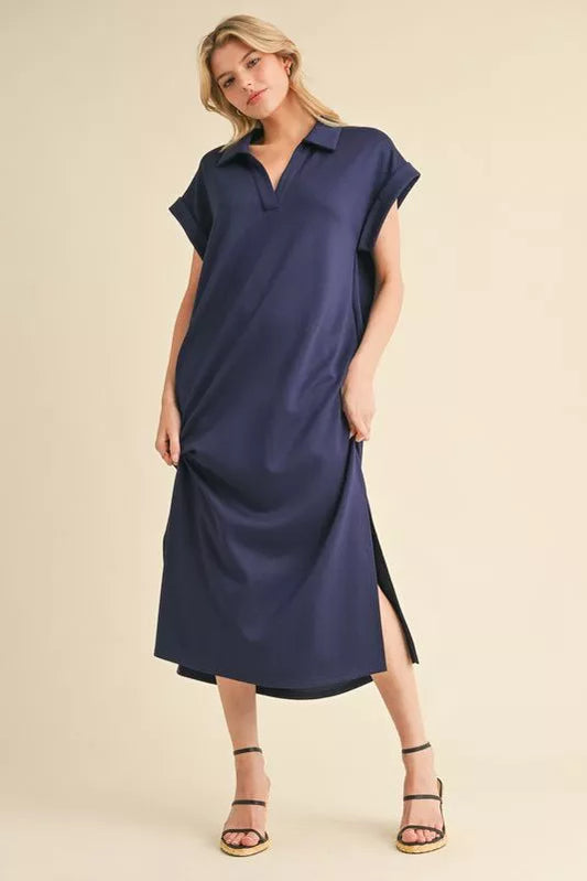 V-Neck Midi Dress - Navy