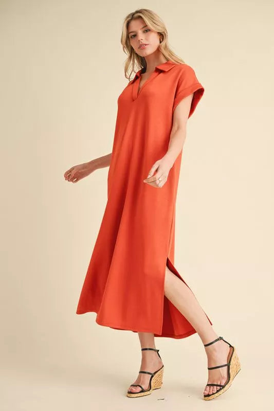 V-Neck Midi Dress - Orange