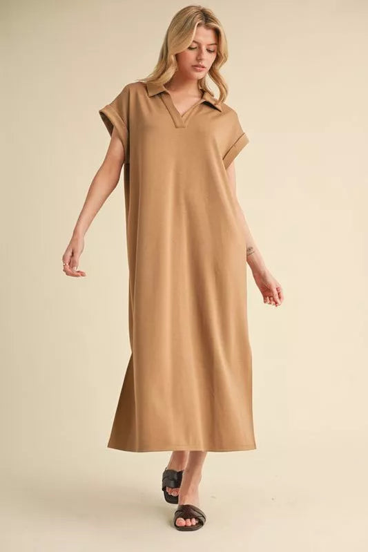 V-Neck Midi Dress - Taupe