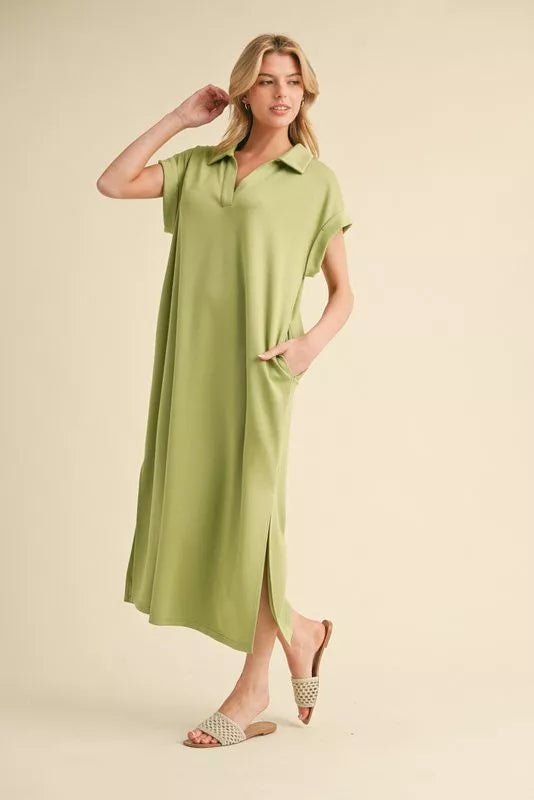 V-Neck Midi Dress - Avacado