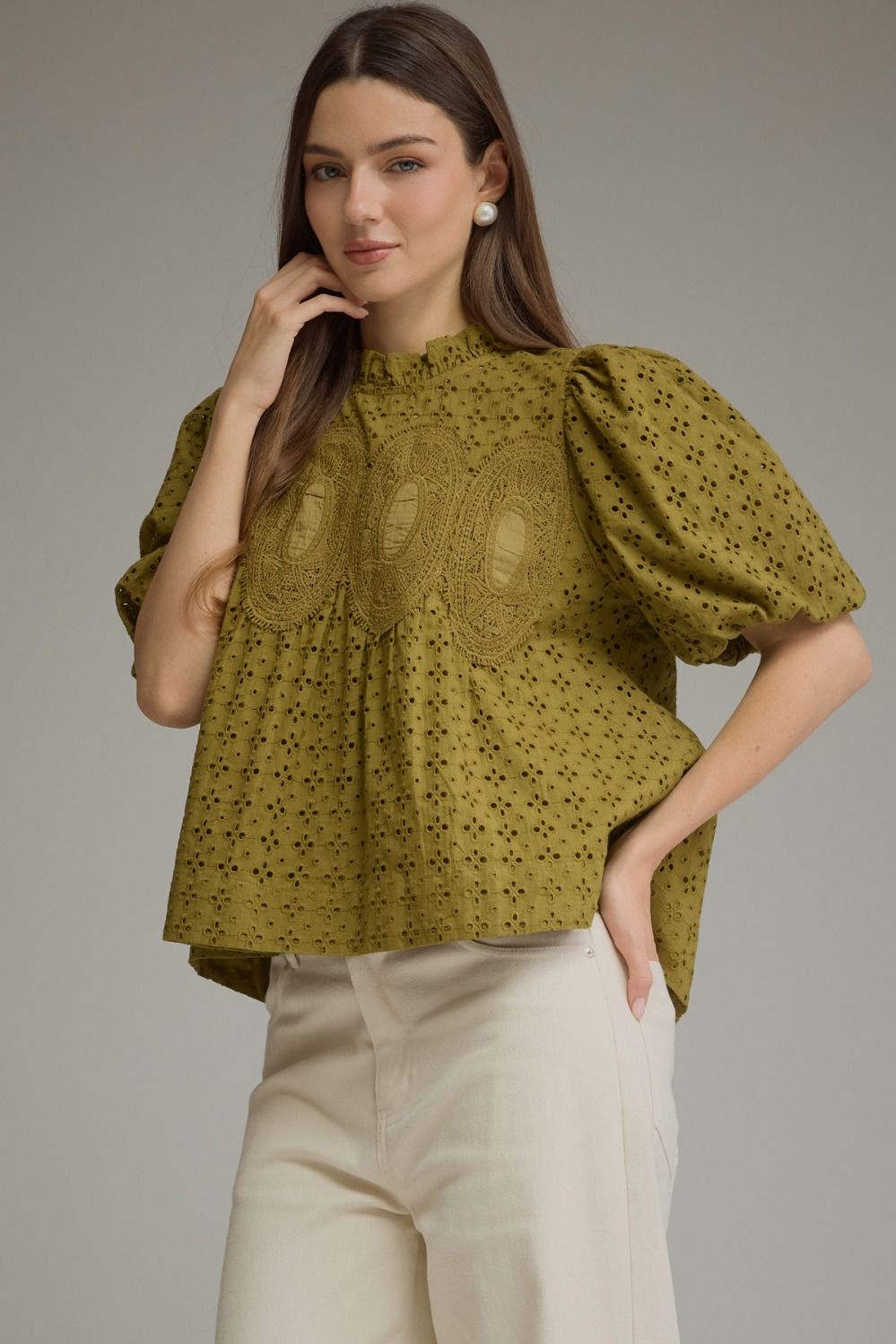 Eyelet Puff Sleeve Top - Olive