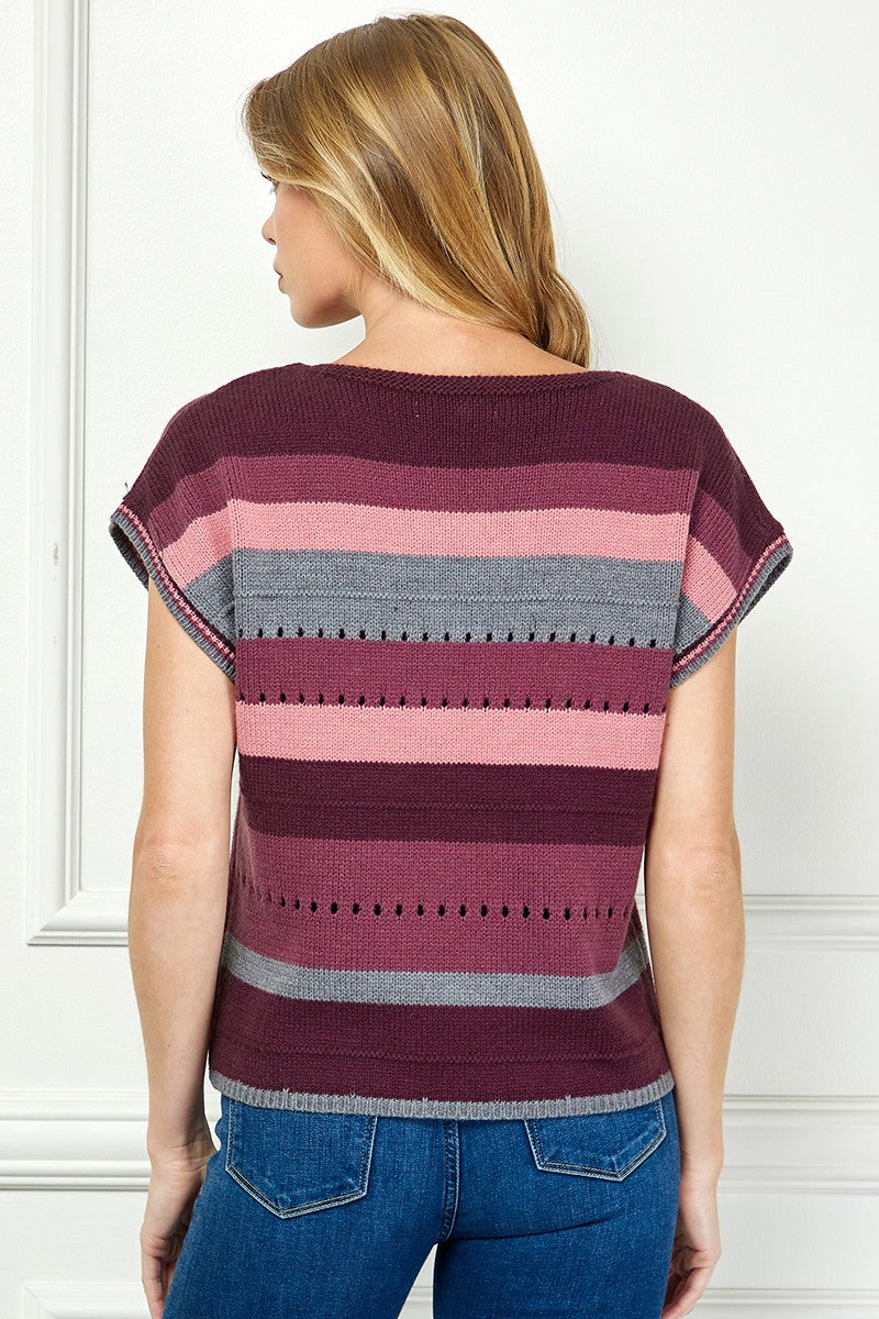 Berry Striped Cap Sleeve Sweater Top