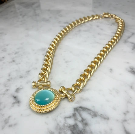 Matte Gold Necklace with Aqua Pendant