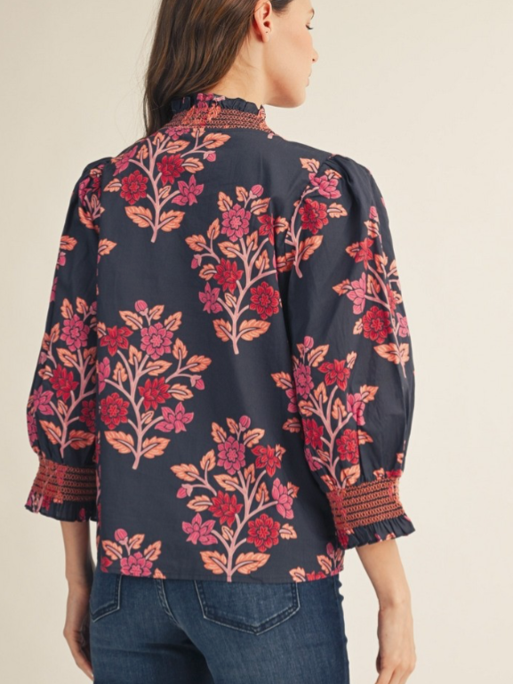 Embroidered Smocking Detail Floral Navy Top
