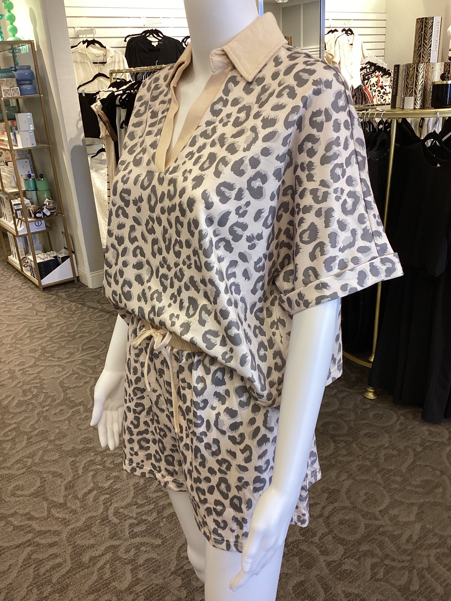 Cream and Grey Leopard Print Short Set