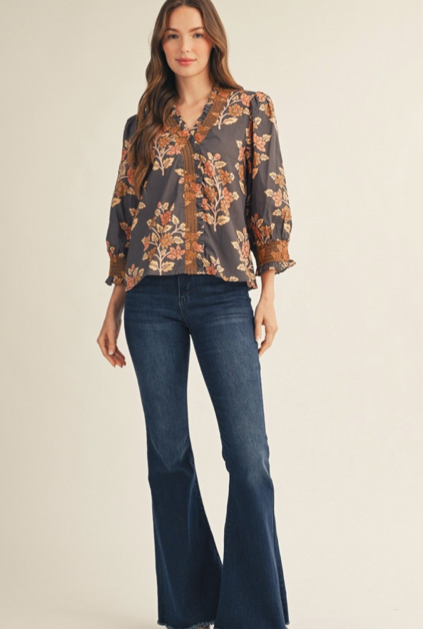 Embroidered Smocking Detail Floral Top