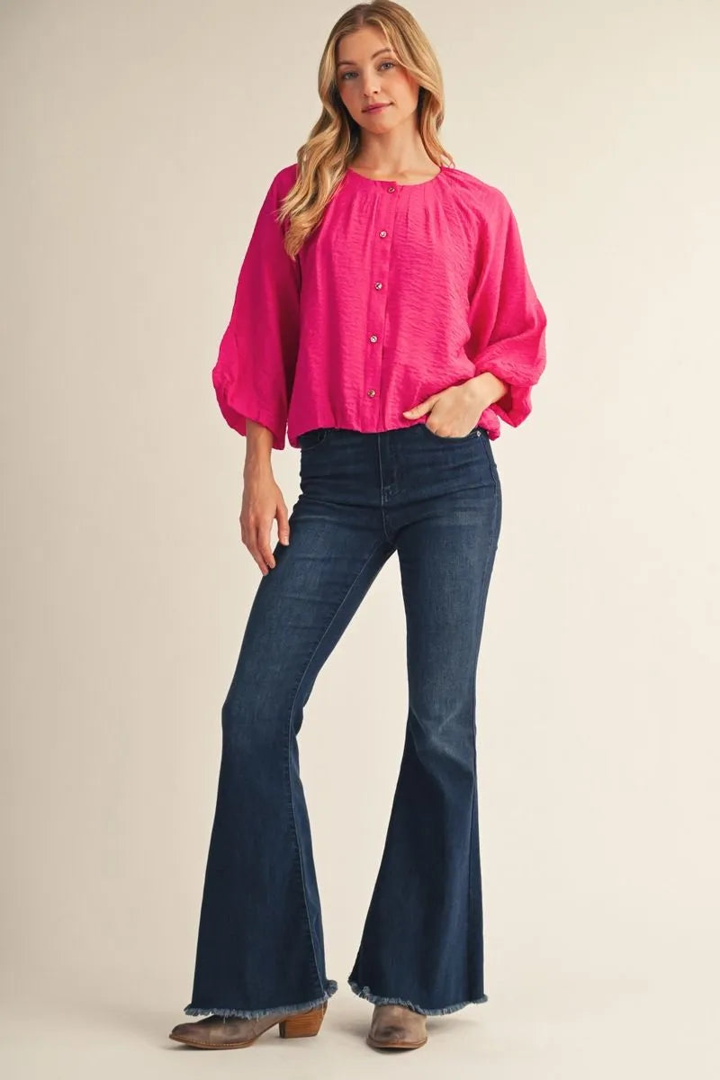 3/4 Puff Sleeve Crinkle Top - Fuschia