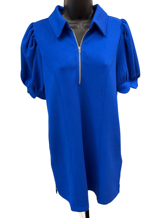 Puff Sleeve Scallop Dress - Royal Blue
