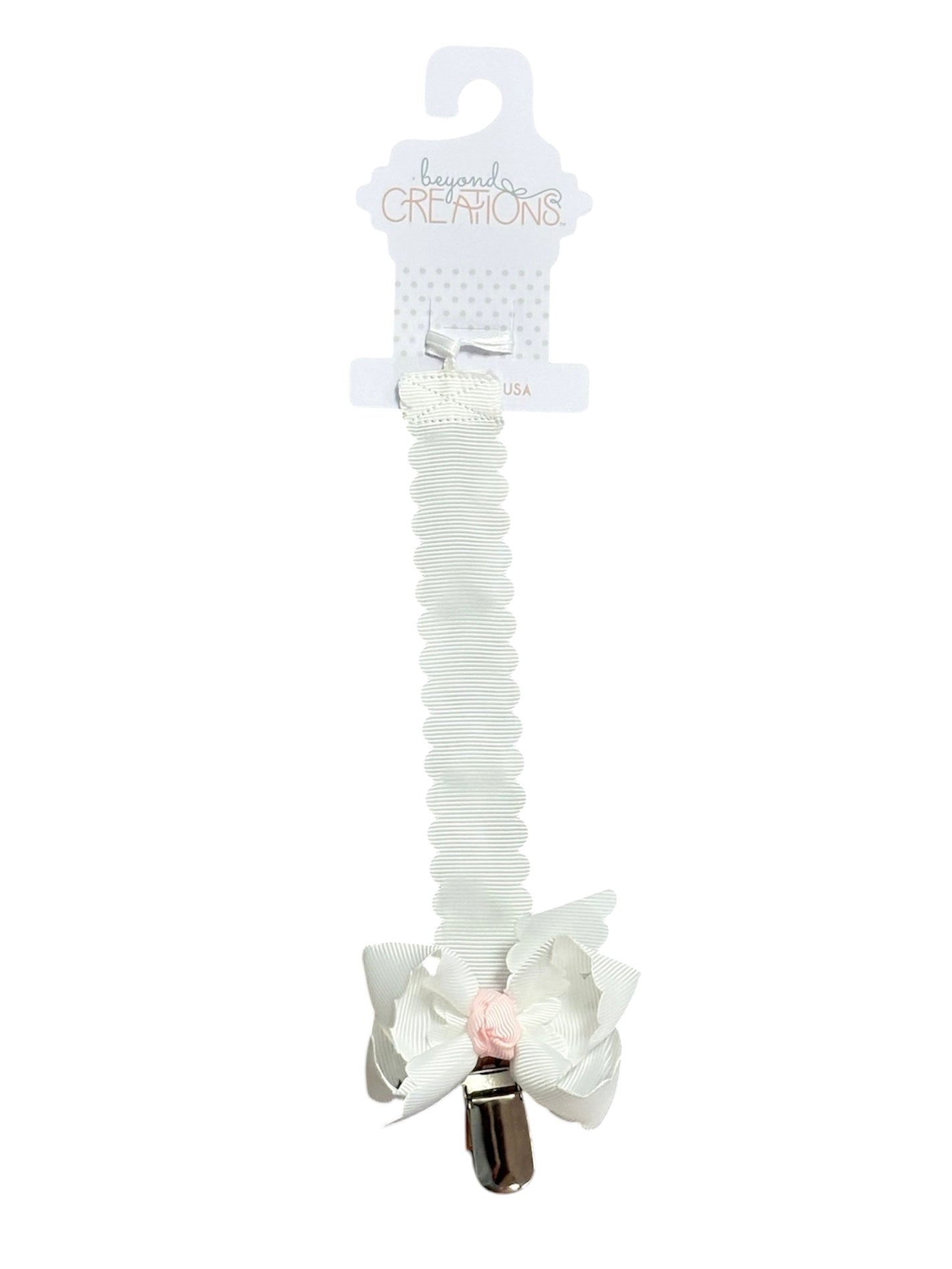 White/Pink Pacifier Clip W/ Detachable Bow