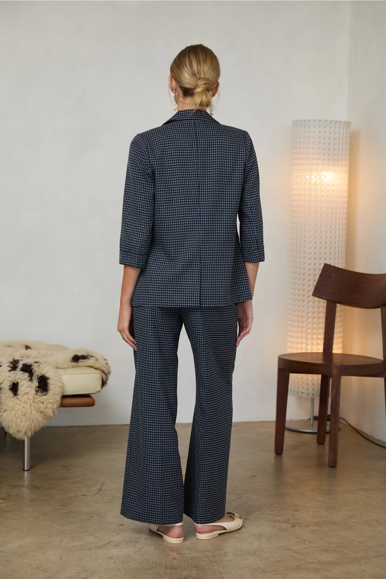 Grid Print Cuffed 3/4 Sleeve Blazer