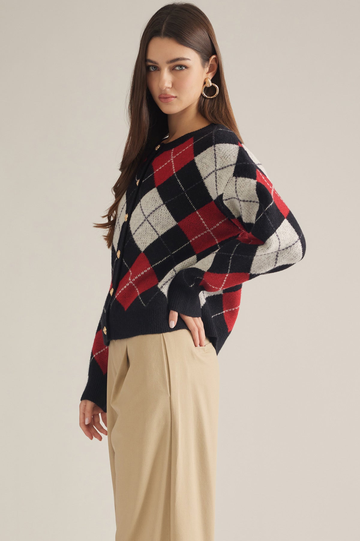 Black And Red Argyle Cardigan