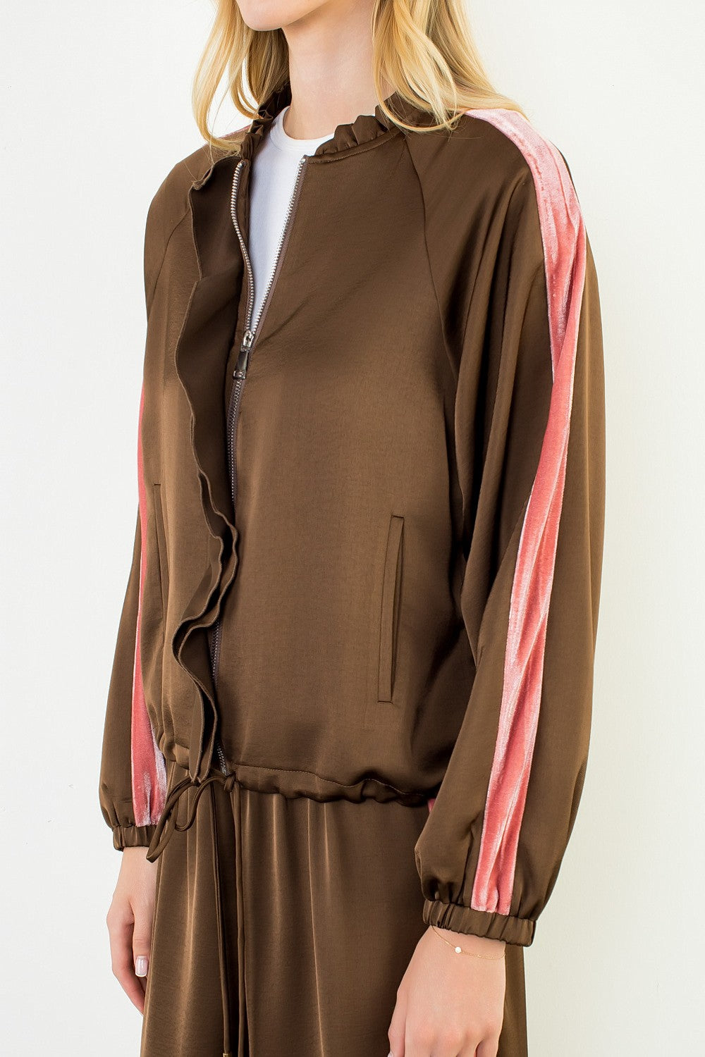Ruffled Zip Up Jacket With Velvet Details