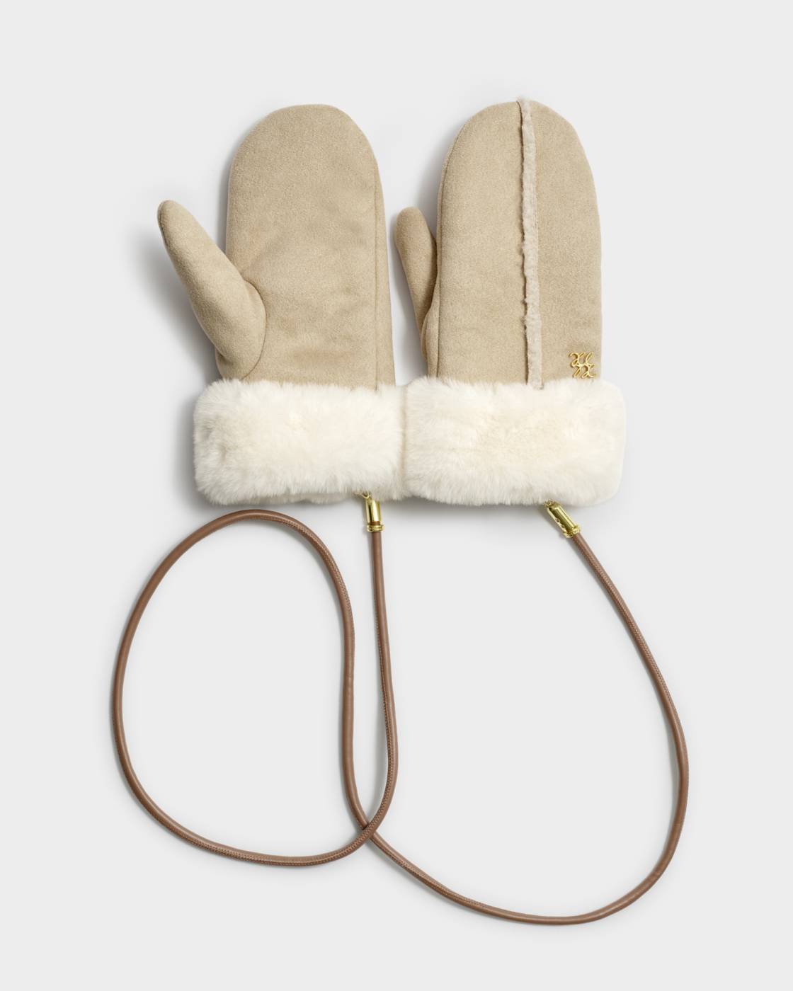 Faux Suede Mittens with Cord - Taupe