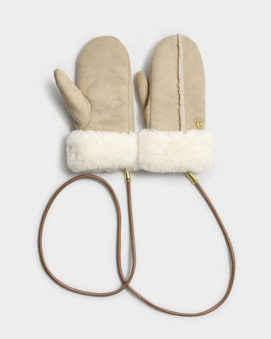 Faux Suede Mittens with Cord - Taupe