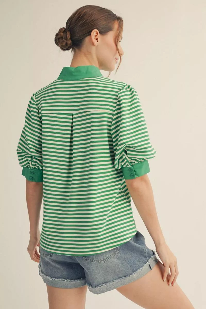 Striped Puff Sleeve Blouse - Kelly Green
