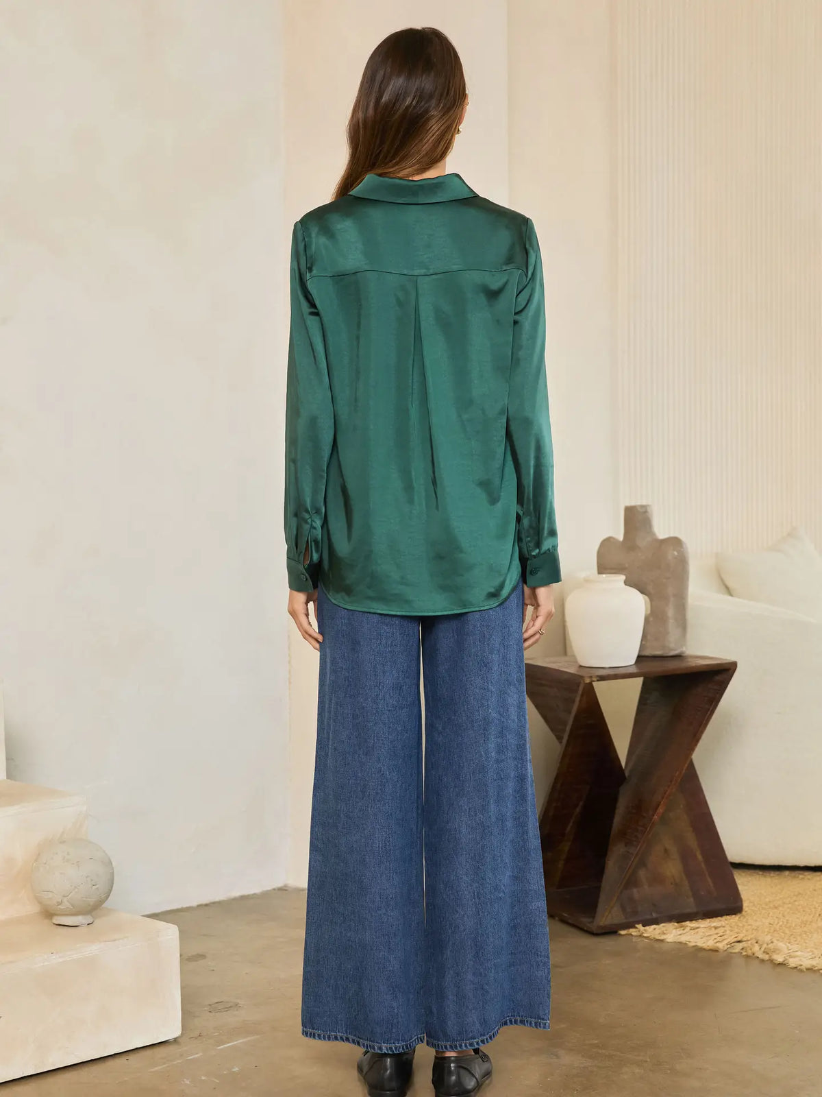 Satin V Neck Button Down - Hunter Green