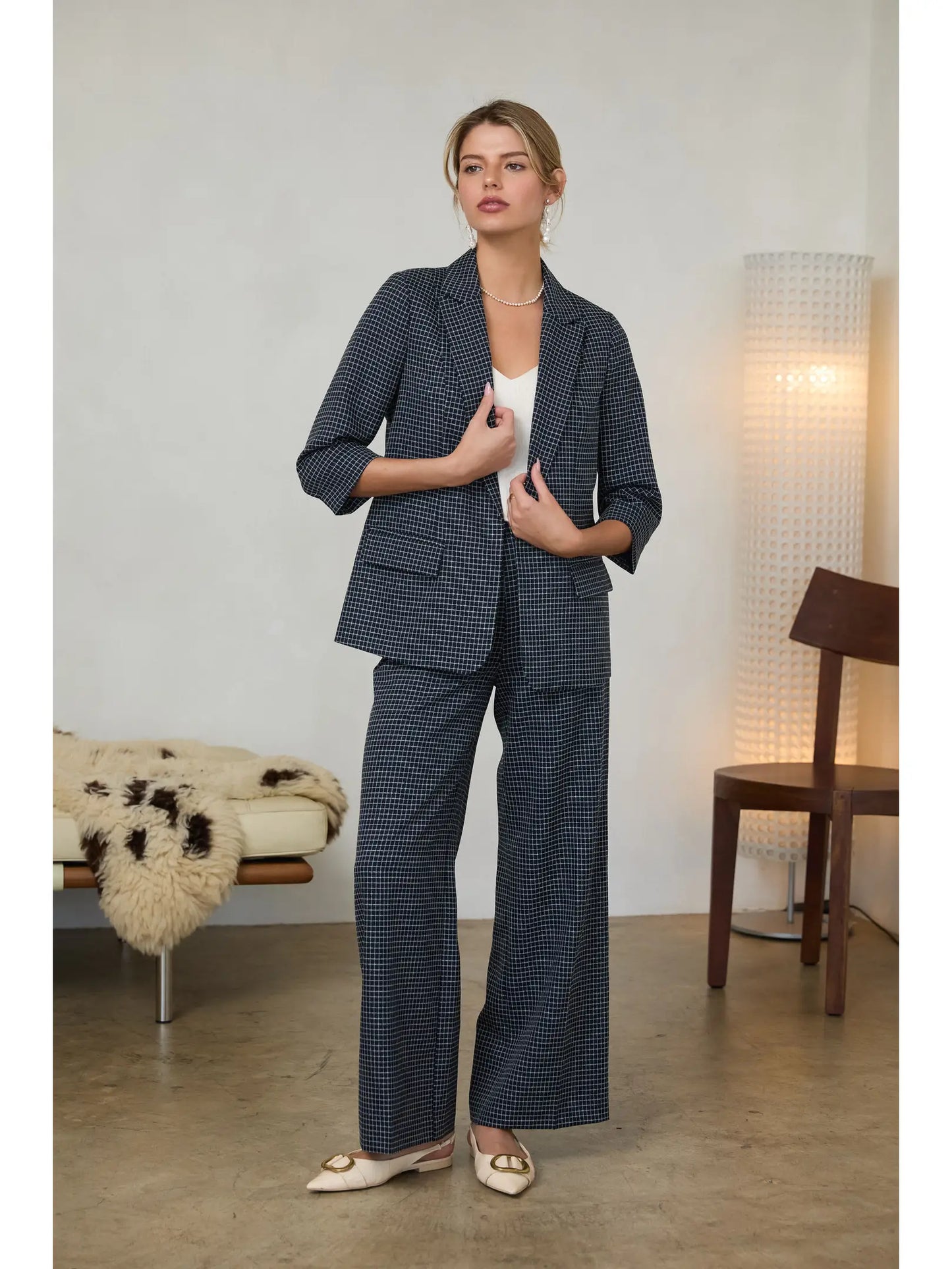 Grid Print Cuffed 3/4 Sleeve Blazer