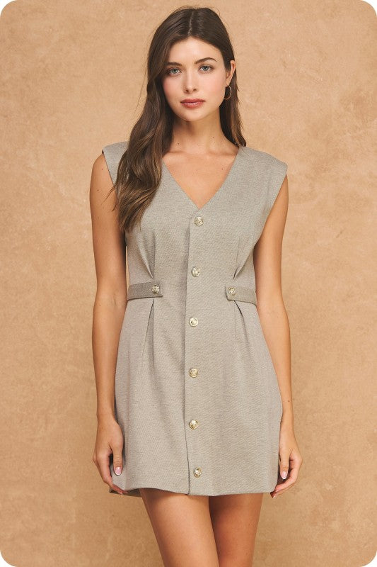 V-Neck Button Down Mini Dress - Taupe