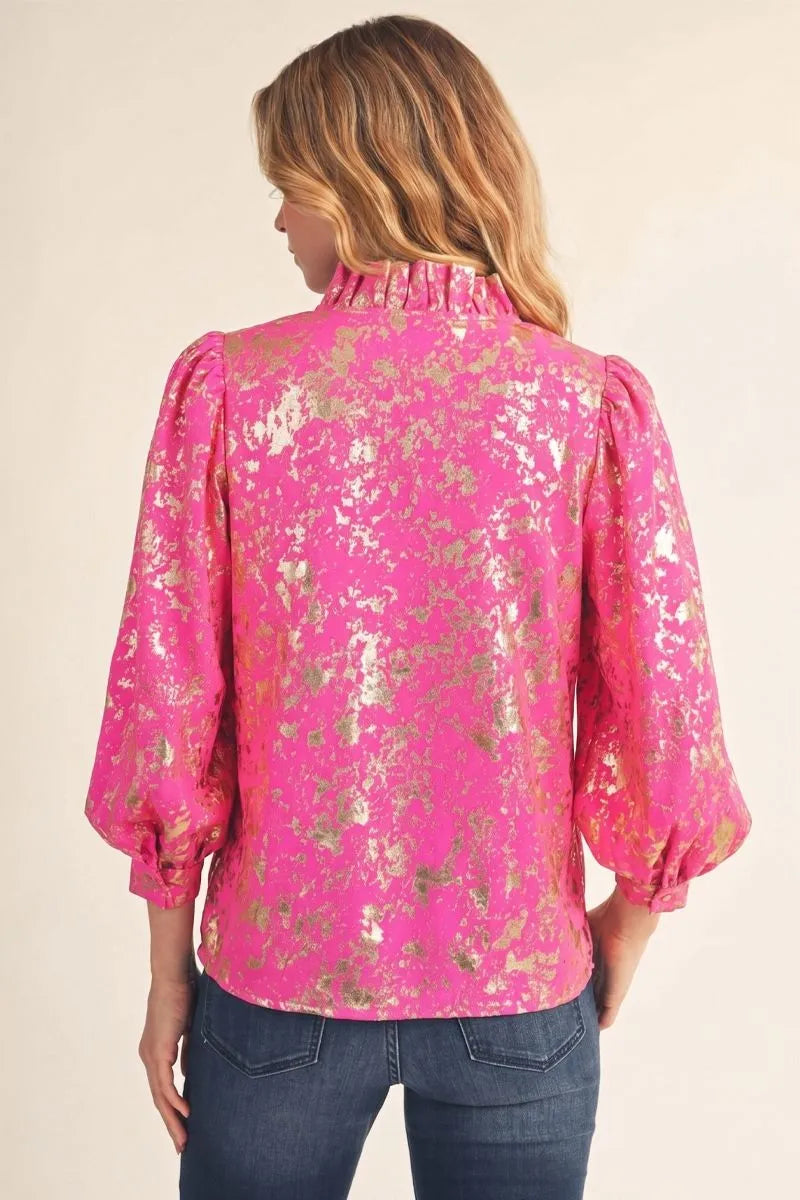 Hot Pink Metallic Ruffle Collar Top